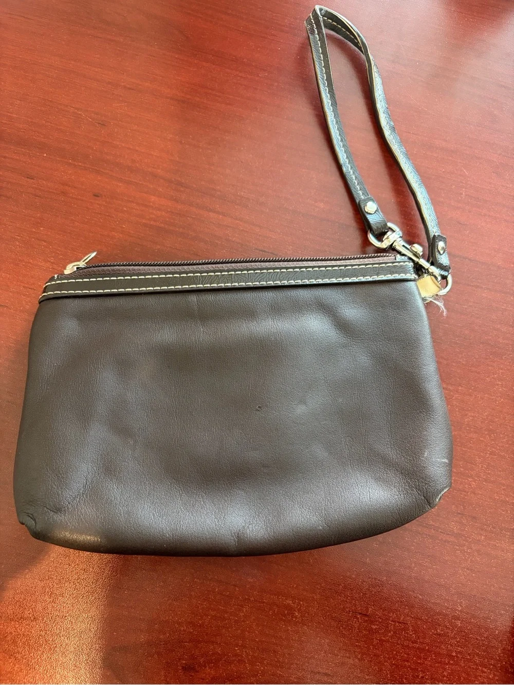 Coach Dark Brown Leather Wristlet with Silver Hardware